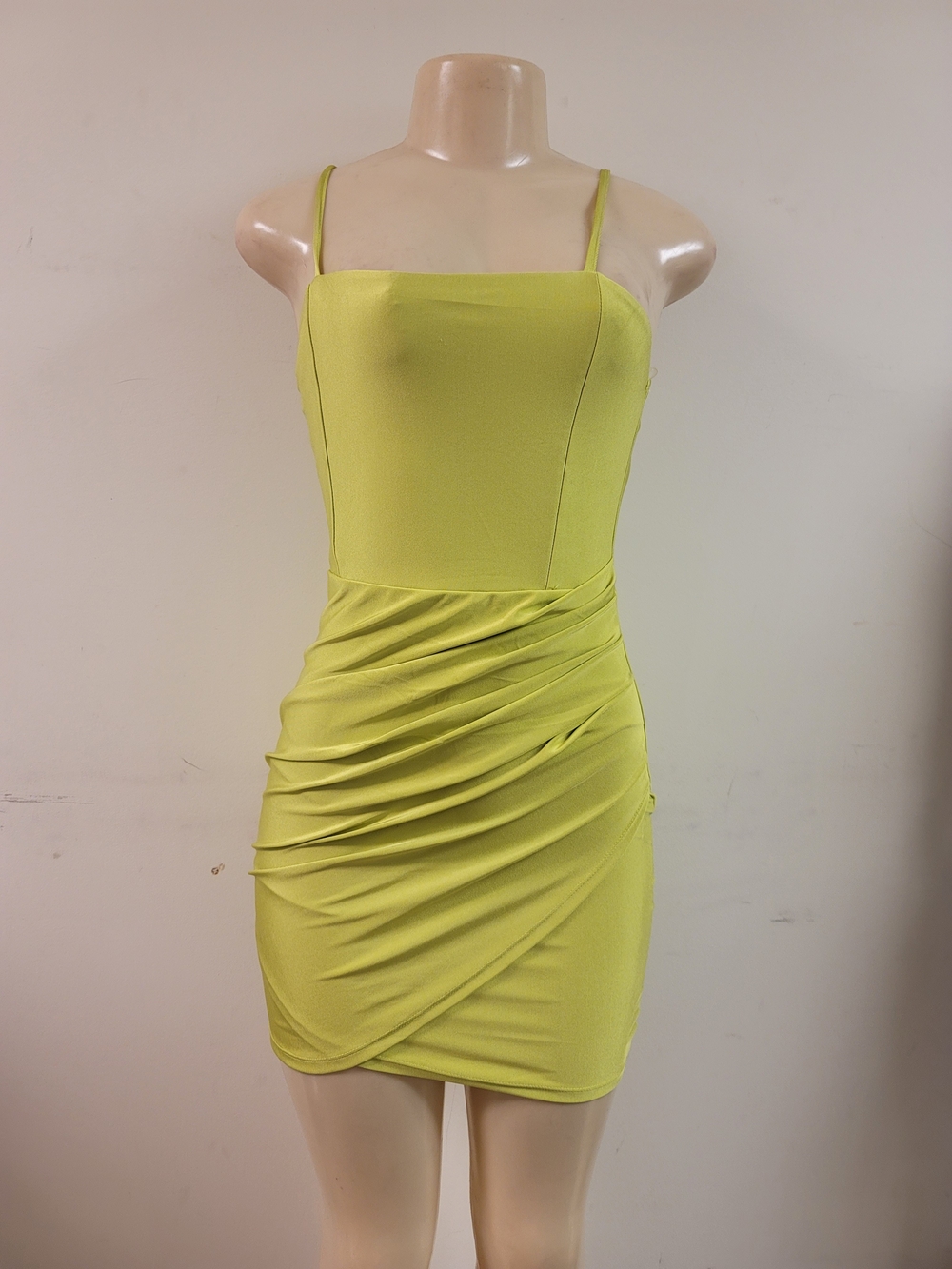 Lime Ruched Bodycon Mini Dress with Spaghetti Straps